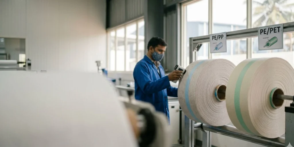 Bicomponent nonwoven fabric rolls in PE/PP and PE/PET composition manufactured in India for hygiene, medical, filtration, and packaging applications.