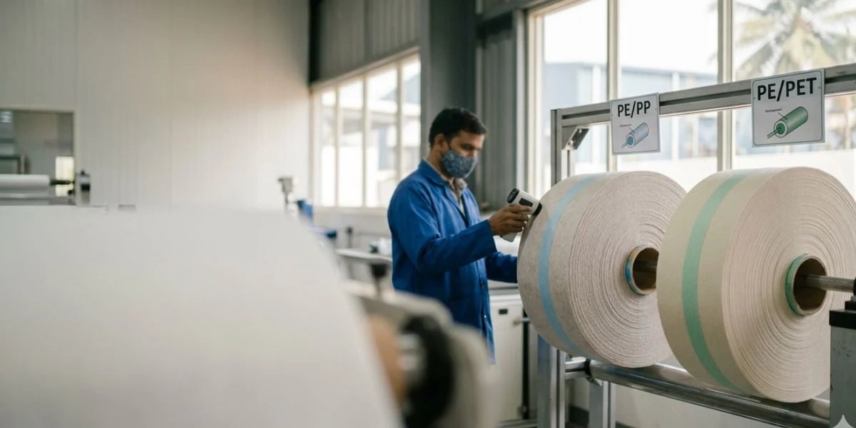 Bicomponent nonwoven fabric rolls in PE/PP and PE/PET composition manufactured in India for hygiene, medical, filtration, and packaging applications.