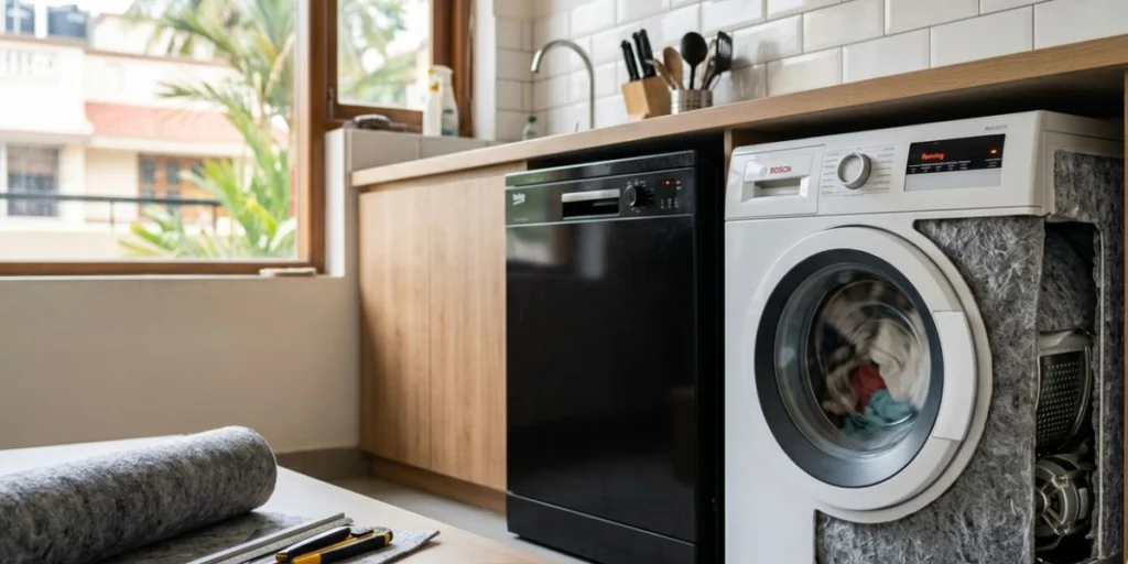 Home appliance acoustic nonwoven fabric for dishwasher and washing machine noise insulation in India, designed for sound absorption, vibration damping, and thermal stability.