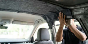 Flame retardant car interior lining nonwoven fabric manufactured in India for automotive insulation, headliner, door panel, trunk lining, and cabin interior applications.