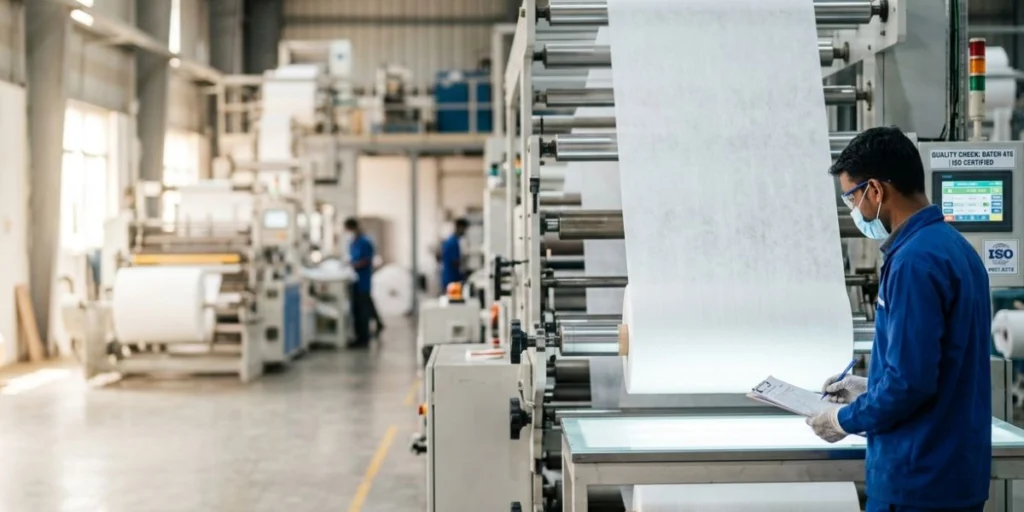 ISO certified nonwoven fabric manufacturer in India showcasing quality assured production, industrial nonwoven rolls, and certified export-grade fabric supply for hygiene, medical, packaging, and industrial applications.