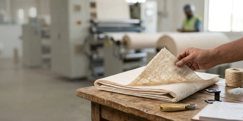 Wood pulp PP spunlace nonwoven fabric with polypropylene reinforcement, showing high absorbency, soft texture, and durable composite structure for wipes, hygiene, and medical applications in India.