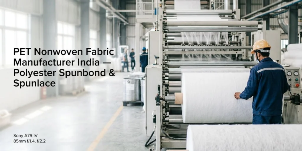 PET nonwoven fabric rolls manufactured in India using polyester spunbond and spunlace technology for hygiene, medical, filtration, packaging, and industrial applications.