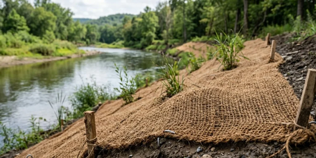 Biodegradable jute coir geotextile erosion control fabric roll used for soil stabilization, slope protection, landscaping, and eco-friendly erosion control applications.