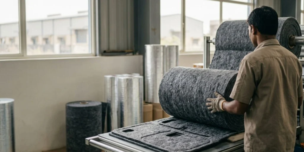 Automotive acoustic insulation nonwoven fabric manufactured in India for vehicle soundproofing, noise reduction, thermal insulation, and interior automotive applications.