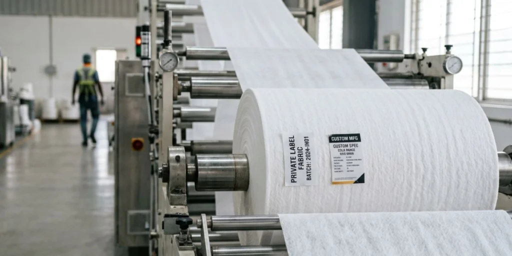 Custom spunlace nonwoven fabric OEM manufacturer in India offering private label production, custom specifications, roll goods, wipes fabric, and industrial nonwoven solutions for global buyers.