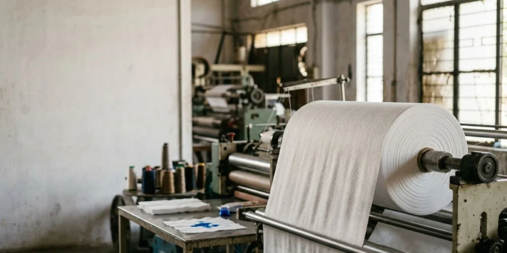 Wood pulp polyester spunlace nonwoven fabric roll with high absorbency and soft texture for industrial wiping, cleaning, and hygiene applications manufactured in India.