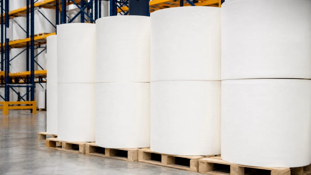 Carrier tissue paper jumbo rolls stacked for bulk B2B supply