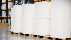 Carrier tissue paper jumbo rolls stacked for bulk B2B supply