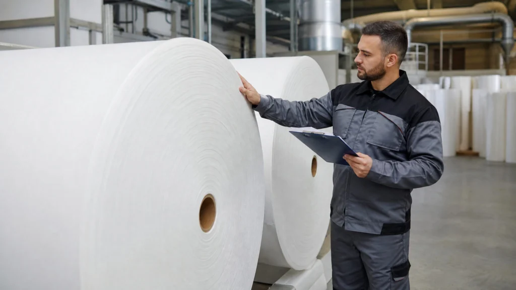 Factory worker inspecting jumbo rolls of carrier tissue paper