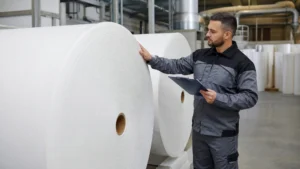Factory worker inspecting jumbo rolls of carrier tissue paper